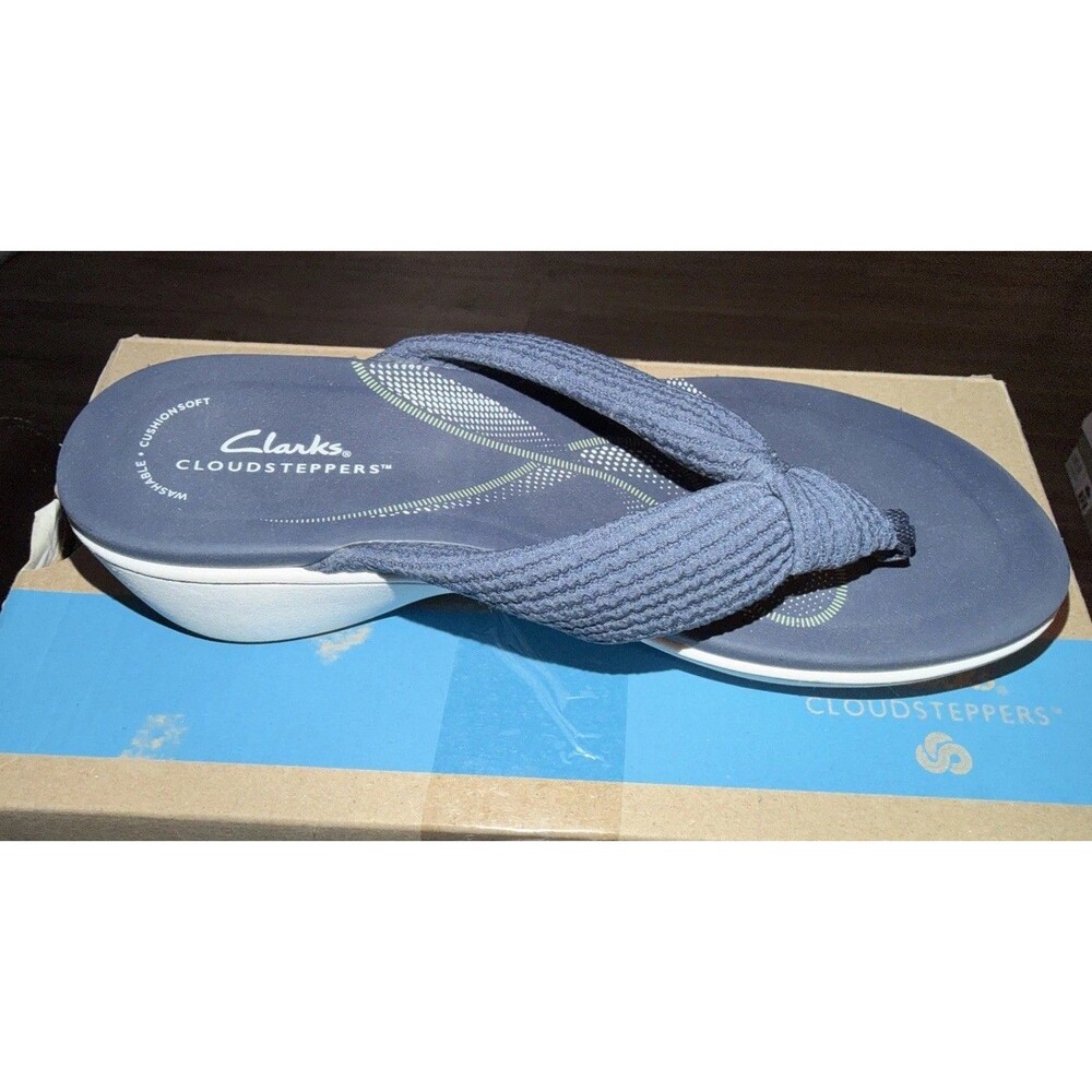 Clarks Cloudsteppers Breeze Reyna H Comfort Slides Sandals Blue  Grey W 7.5 New